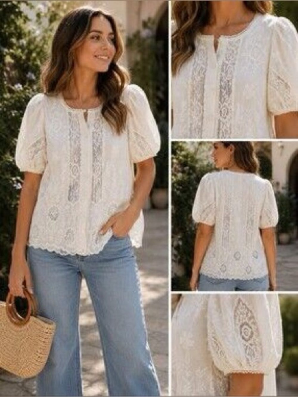 Ultra pink Women's Lace Puff-Sleeve Blouse - Elegant Eyelet Pearl button up Top